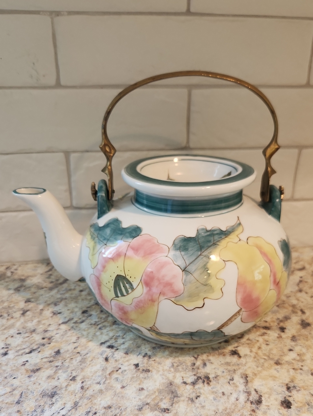 Vintage Handpainted Chinese Floral Teapot With Brass Handle